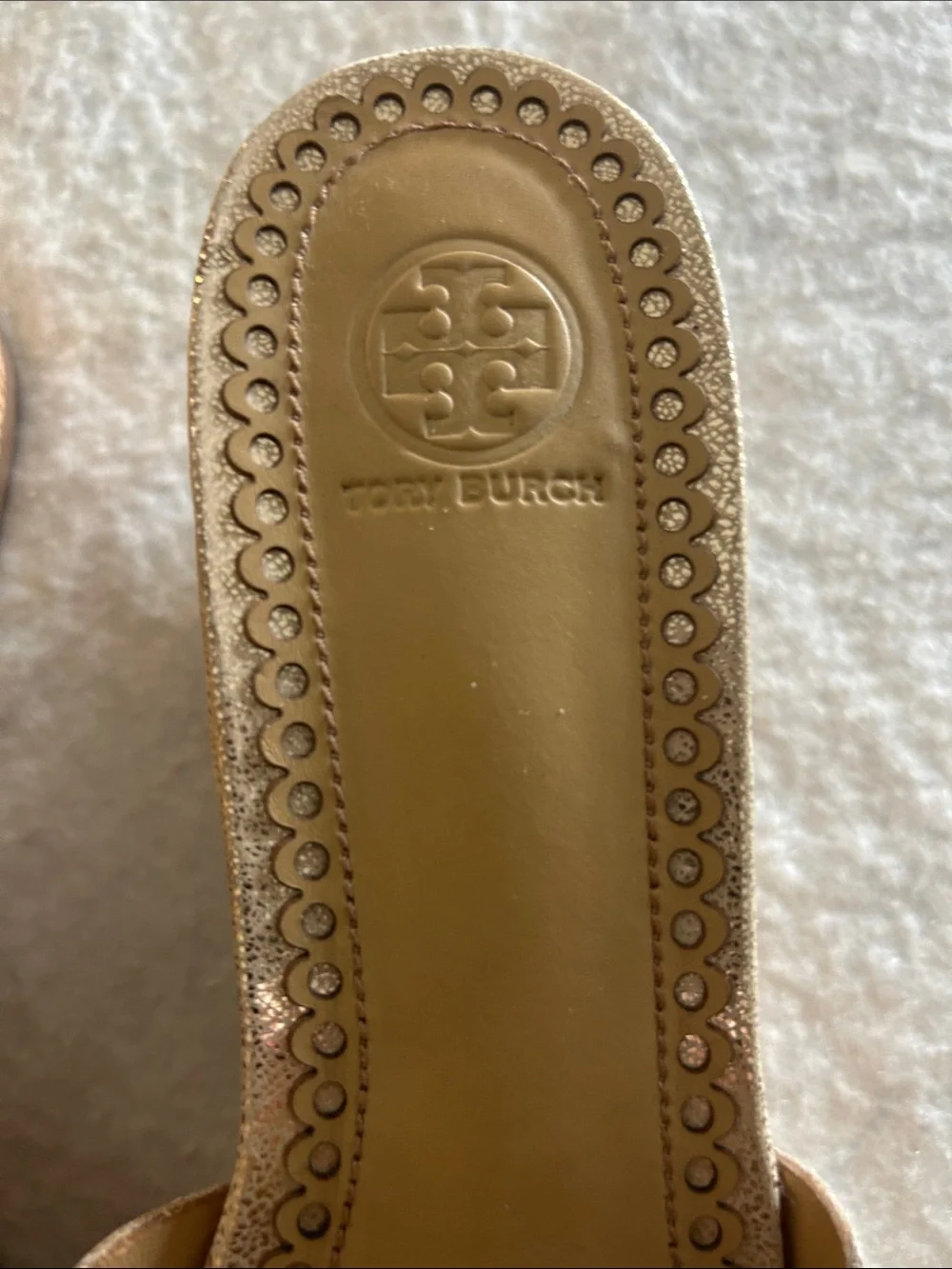 Tory Burch Champagne Laser-Cut Cork Wedge Slides